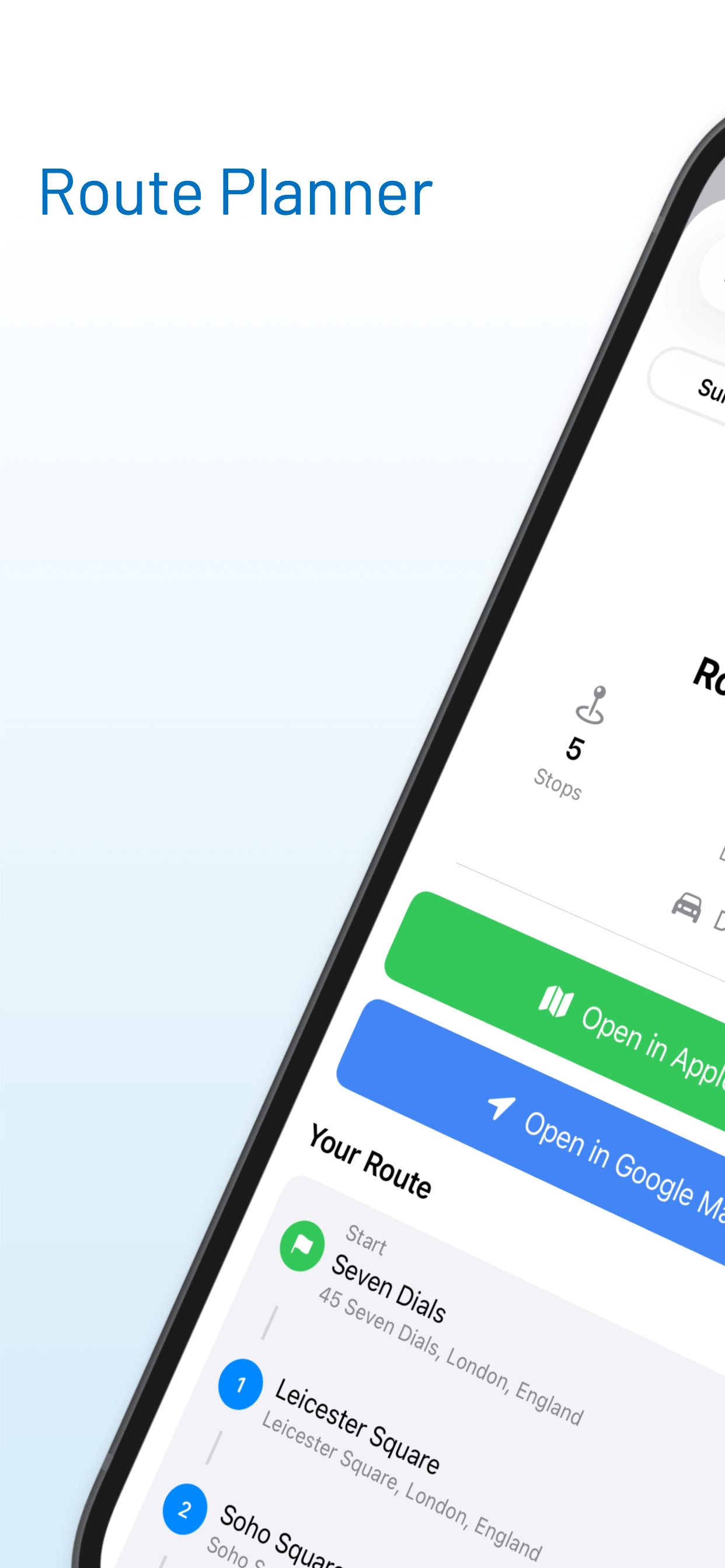 RouteGO route planner interface - plan multi-stop routes with Apple Maps and Google Maps integration