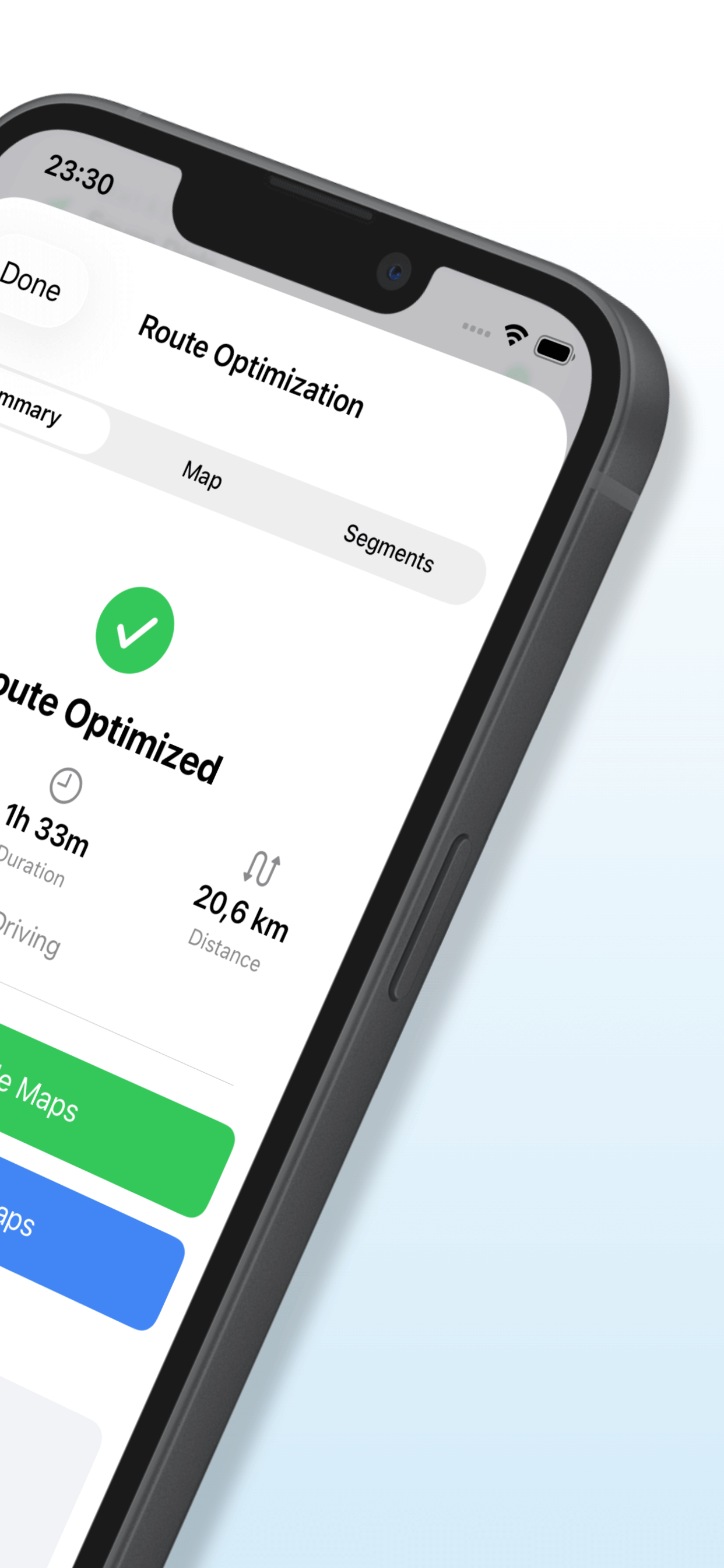 Route optimization results showing time and distance saved with RouteGO app
