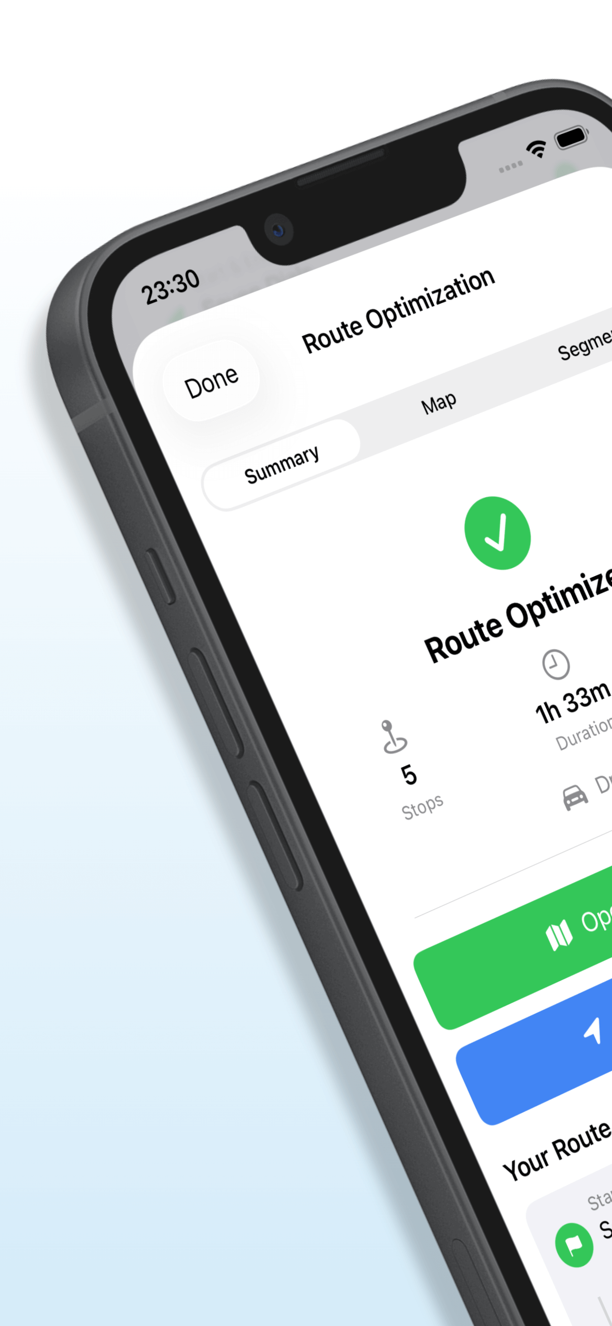 Route optimization summary showing total duration and number of stops