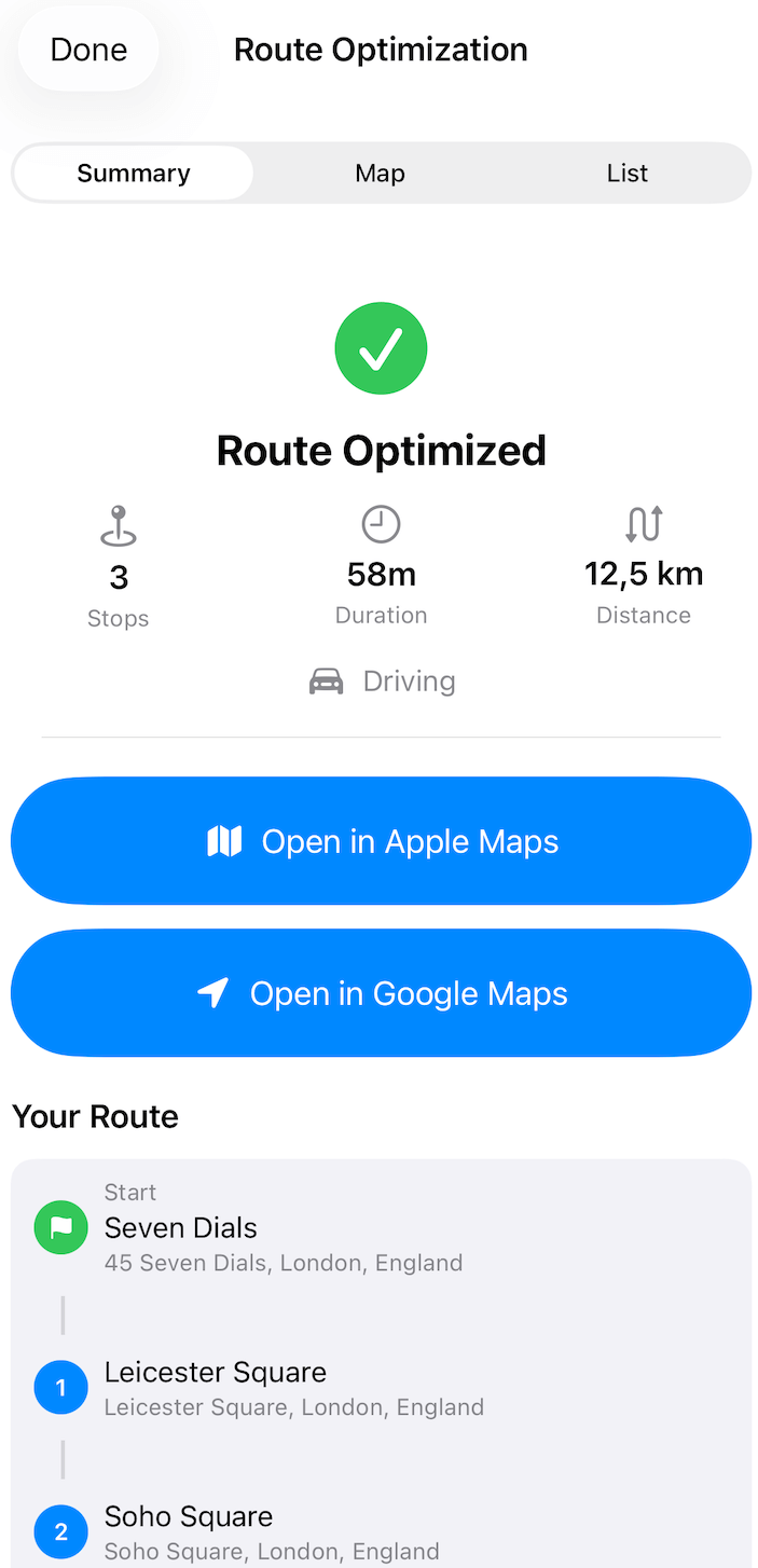 RouteGO app screenshot showing optimized route with 3 stops, 58 minutes duration, 12.5km distance - best route planner for iOS
